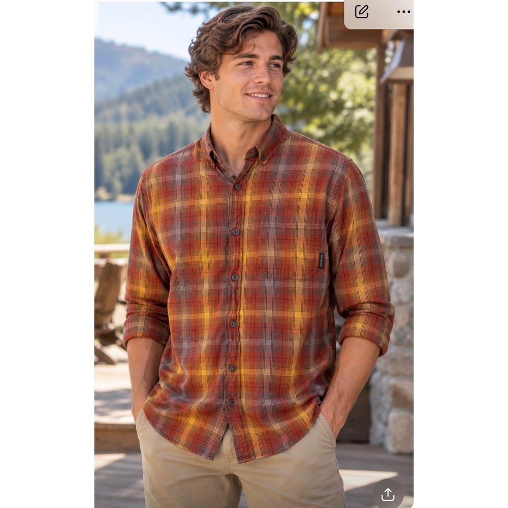 Columbia Men's Small Brown Plaid Long Sleeve Button Down Shirt Cotton